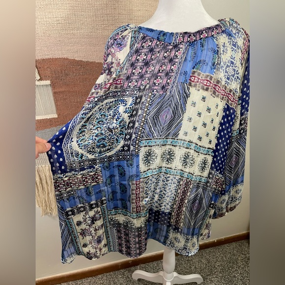 Anthropologie By Together Blue Patchwork Gold Stitches Peasant Bobo Blouse ML/XL - Picture 9 of 9